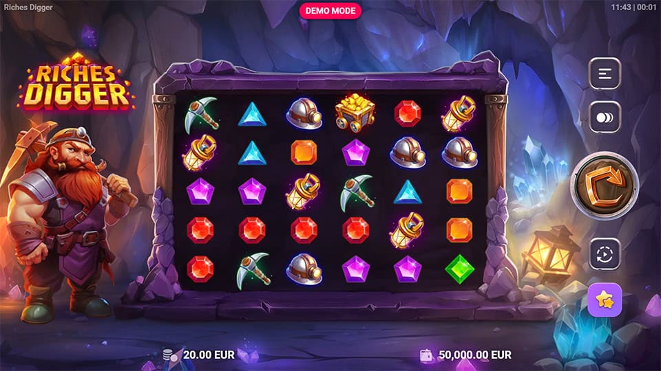 Base gameplay screen of Riches Digger slot showing vibrant gem symbols, pickaxes, and bonus elements within a glowing underground cavern.
