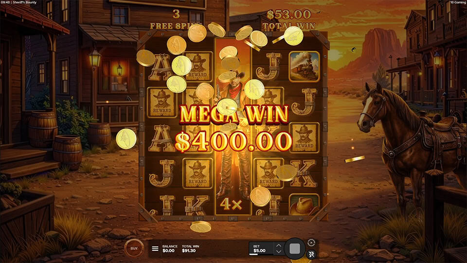 Mega Win screen in Sheriff's Bounty slot with golden coins flying and win message over reels during free spins.