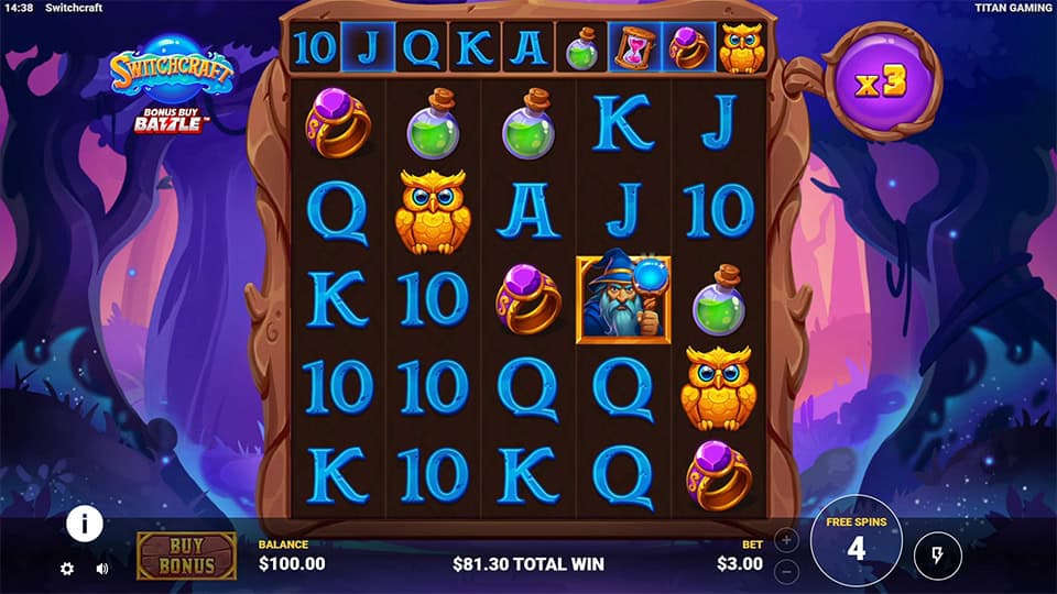 Wizard symbol in action transforming symbols into Wilds during bonus spins, with a x3 multiplier shown on the side.