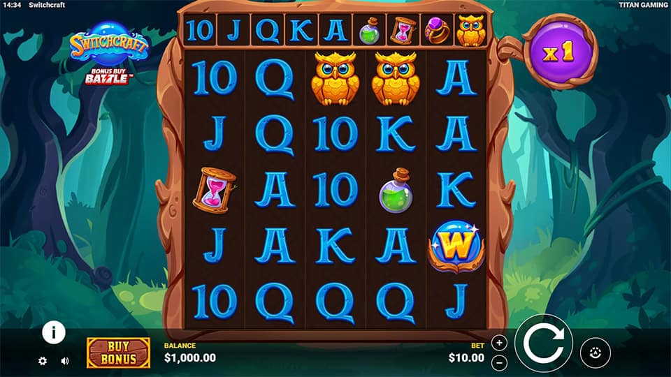 Base gameplay screen of Switchcraft slot with reels filled with potion bottles, owls, and wizard symbols, set in a glowing purple forest.