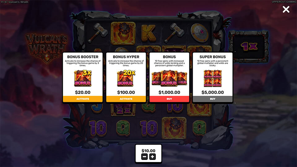 Bonus buy menu in Vulcan's Wrath offering Bonus Booster, Bonus Hyper, standard Bonus, and Super Bonus options.
