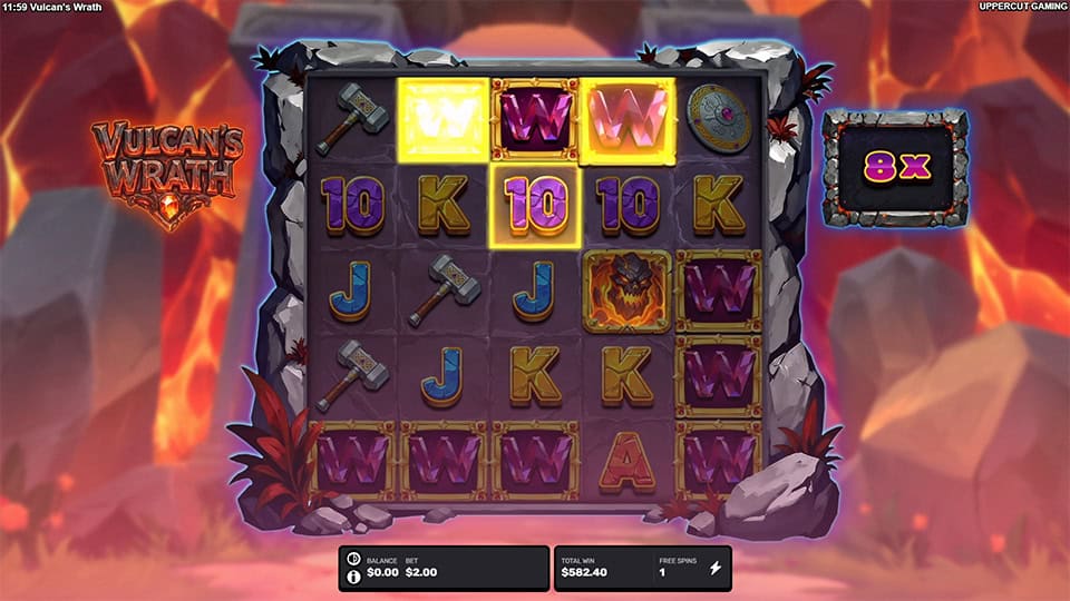 Vulcan's Wrath slot showing multiple wild symbols on reels with 8x multiplier in the volcanic bonus mode.