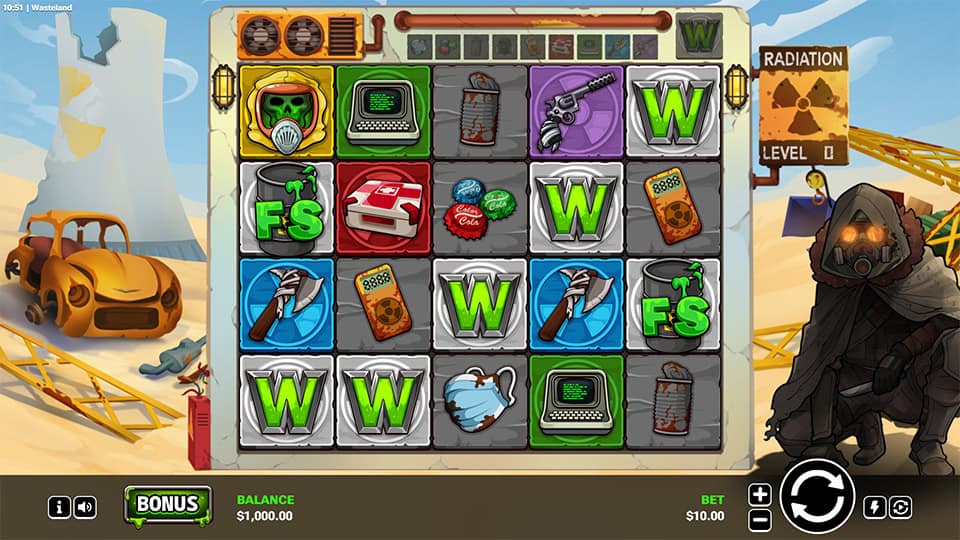 Base gameplay of Wasteland slot showing symbols like gas masks, canned food, and weapons with radiation level meter on the right.