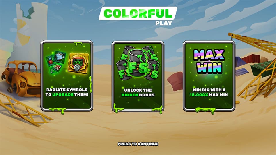 Wasteland slot intro highlighting symbol upgrades via radiation, hidden bonus triggers, and 15,000x max win potential.
