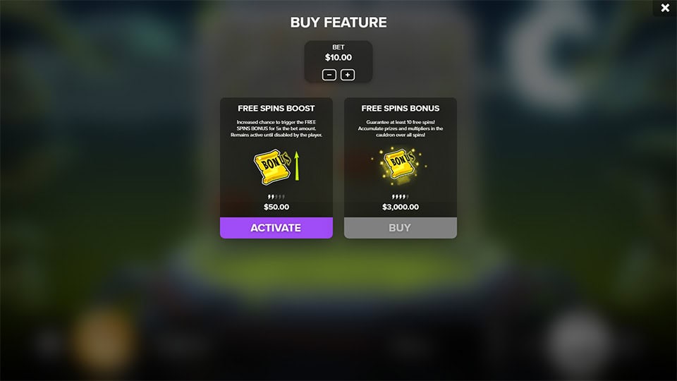 Feature buy screen offering Free Spins Boost and Free Spins Bonus, with increased chances or guaranteed bonus spins based on ticket selection.