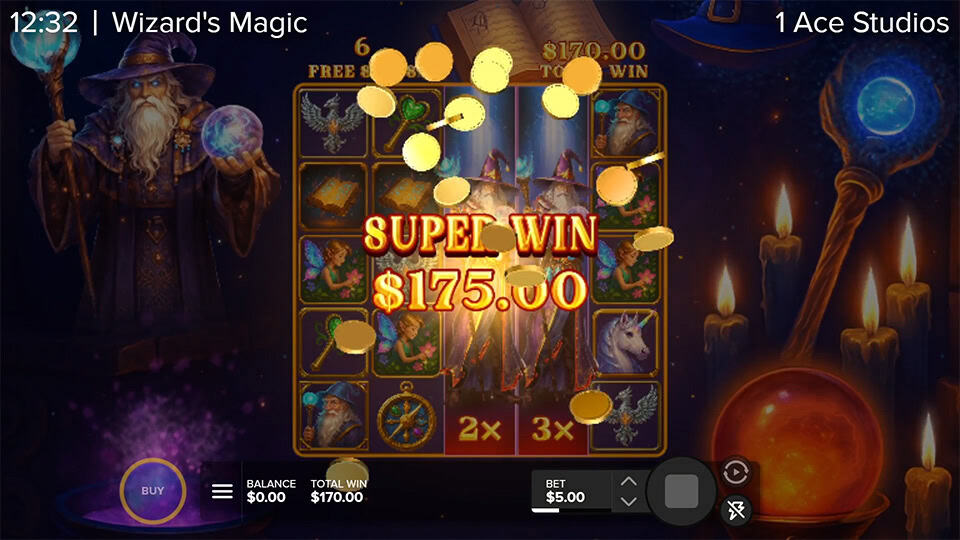 Super Win screen in Wizard&rsquo;s Magic slot with bright golden coin bursts and highlighted text over a glowing reel setup.