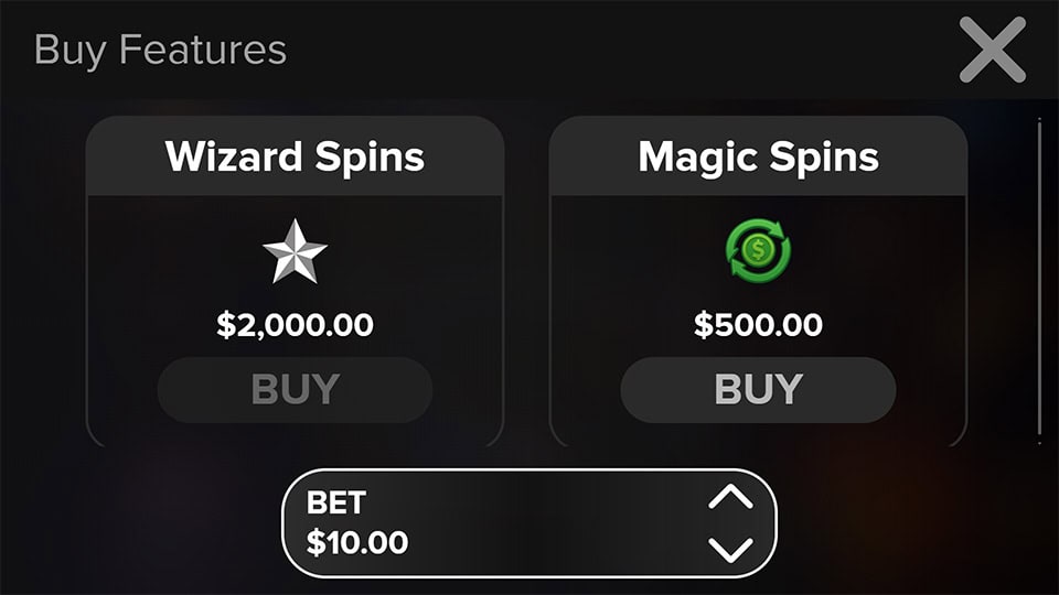 Bonus buy screen in Wizard&rsquo;s Magic slot offering two purchase modes &ndash; Wizard Spins and Magic Spins.