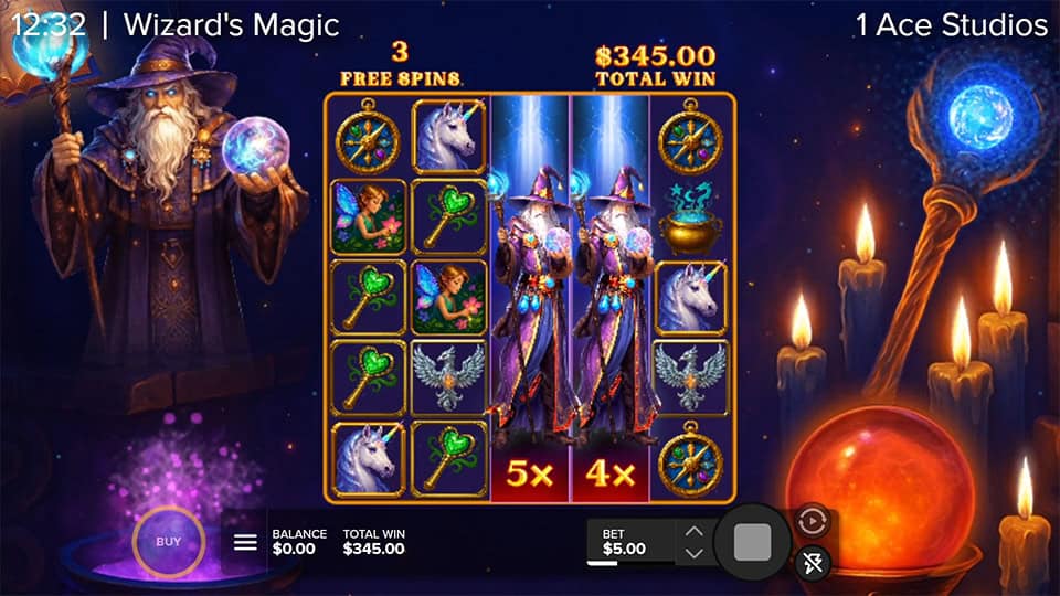 Expanding Wilds in Wizard&rsquo;s Magic slot shown with highlighted multipliers like 5x and 4x locked during Free Spins on adjacent reels.
