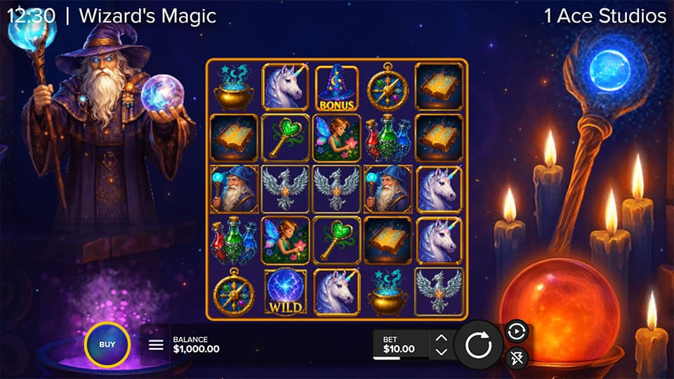 Base gameplay of Wizard&rsquo;s Magic slot showing enchanted symbols like unicorns, spell books, and wizards on a starry backdrop.