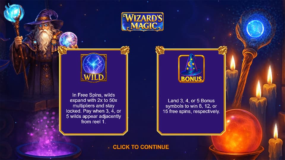Intro panel for Wizard&rsquo;s Magic slot featuring Free Spins, Expanding Wilds with multipliers up to 50x, and bonus trigger conditions.