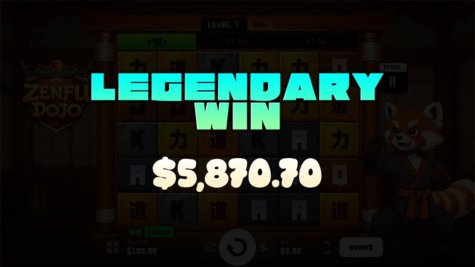 LEGENDARY WIN screen in ZenFu Dojo slot with bold glowing text over blurred reels and dojo background.