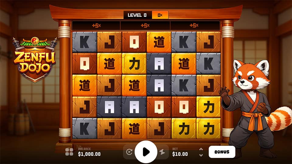 ZenFu Dojo base gameplay with Asian symbols on wooden blocks and a red panda sensei beside the reels.