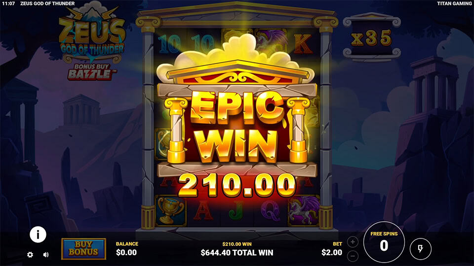 Epic Win screen in Zeus God of Thunder slot with glowing golden columns and dramatic lighting effects.
