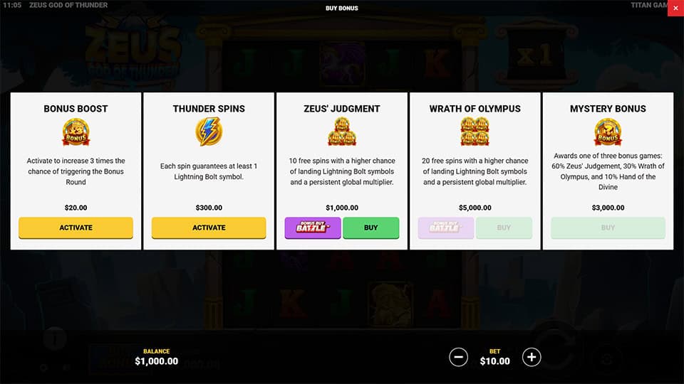 Buy Bonus menu in Zeus God of Thunder slot featuring options like Bonus Boost, Thunder Spins, Zeus&rsquo; Judgment, and Mystery Bonus.