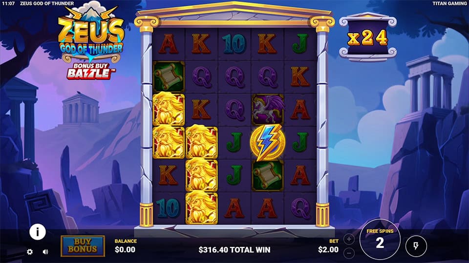 Zeus God of Thunder bonus round with Lightning Bolt symbol activating and raising the global multiplier on a dark background.
