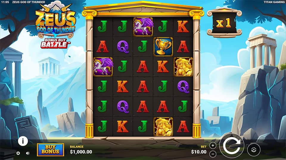 Base game screen of Zeus God of Thunder slot showing Greek-themed reels with symbols like Pegasus, trophies, and gods.