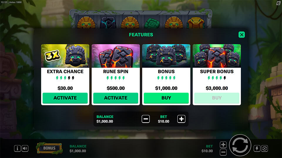 Feature menu showing Extra Chance, Rune Spin, Bonus, and Super Bonus buys.