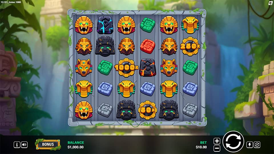 Colorful reels with masks, stones, and golden multipliers in a lush jungle setting.