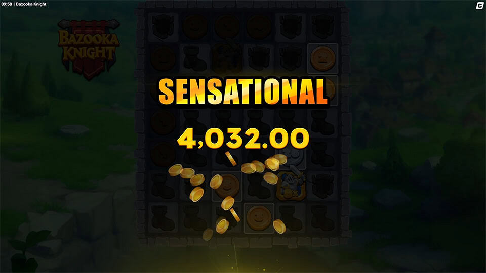 “SENSATIONAL” text with gold coins flying over darkened reels.