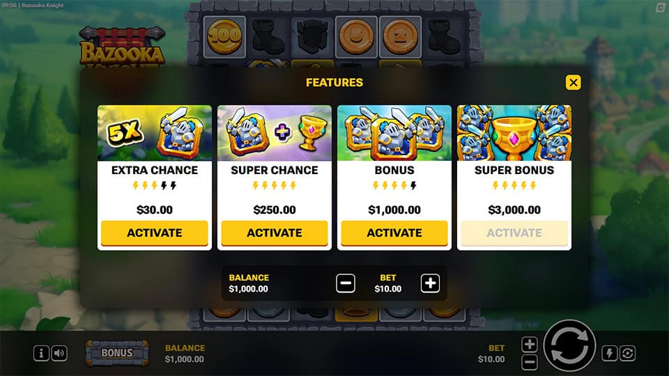 Menu with Extra Chance, Super Chance, Bonus, and Super Bonus activations.