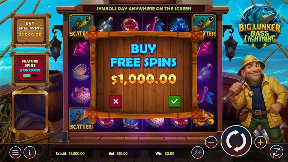 Buy Free Spins prompt displayed on wooden sign in the middle of the screen.