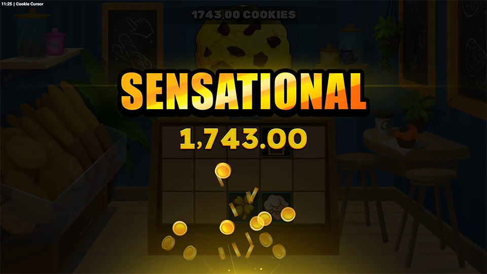 &ldquo;SENSATIONAL&rdquo; lights up in bold orange over a darkened bakery as gold coins rain down in front of the cookie counter.