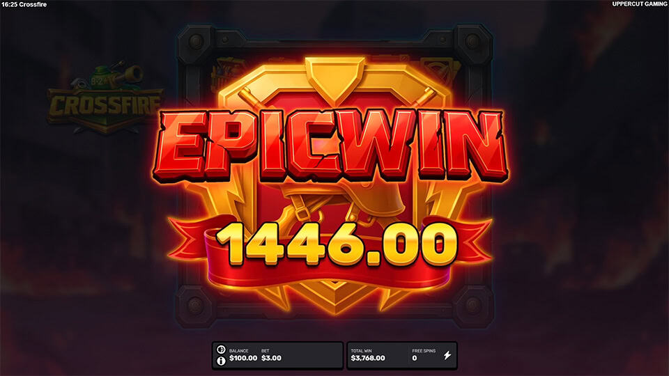 Bright red &ldquo;EPIC WIN&rdquo; text with a shield emblem in the background.
