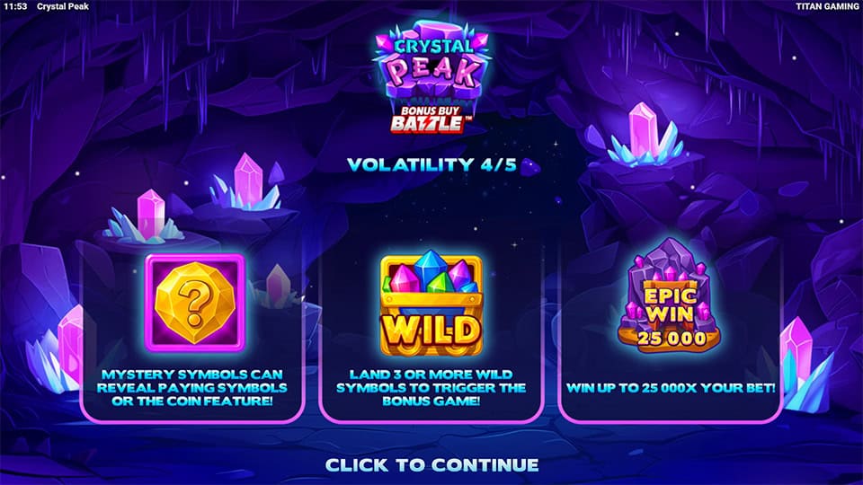 Feature teaser with mystery symbols, wilds, and max win potential up to 25,000x in a glowing crystal cave.