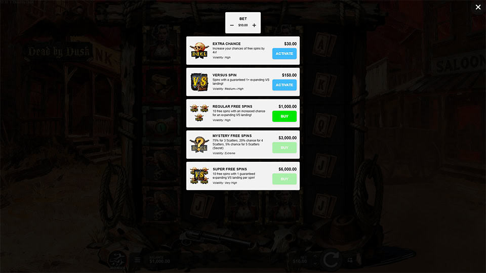 Buy menu offering Extra Chance, VS Spin, and multiple free spin tiers.