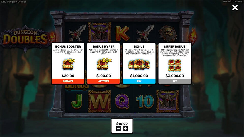 Feature menu showing Bonus Booster, Bonus Hyper, Bonus and Super Bonus cards with activation and buy buttons.