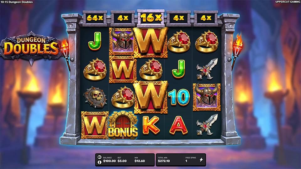 Active multipliers displayed above each reel like 64x and 16x while stacked Wilds land across the dungeon grid.
