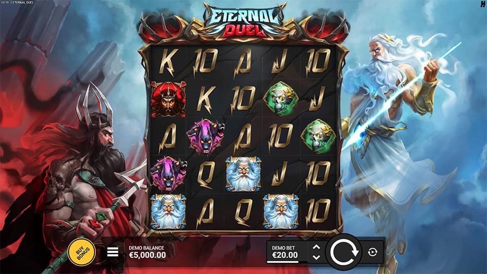 Main reels with Zeus and Hades beside symbols like gods, beasts, and weapons.