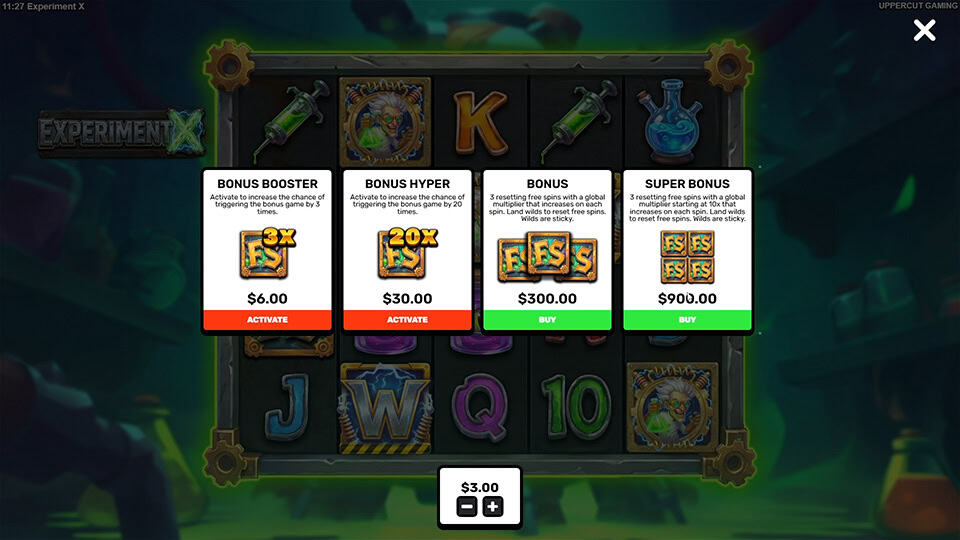 Bonus menu offering BOOSTER, HYPER, BONUS, and SUPER BONUS purchases with varying prices and effects.