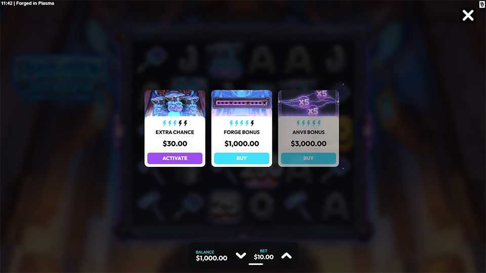 Feature menu offering Extra Chance, Forge Bonus, and Anvil Bonus buys, each with lightning symbols and sci-fi styled panels.