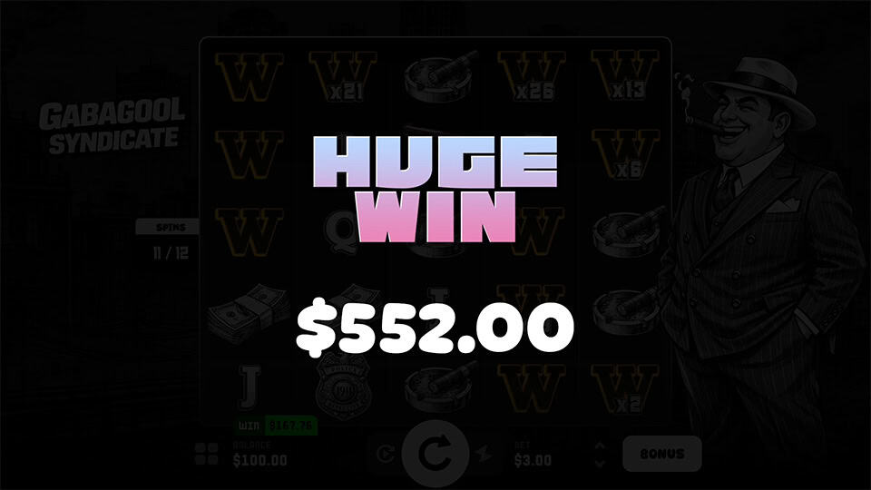 Bold “HUGE WIN” text in gradient pink-blue style displayed over a darkened screen with wilds and multipliers behind.