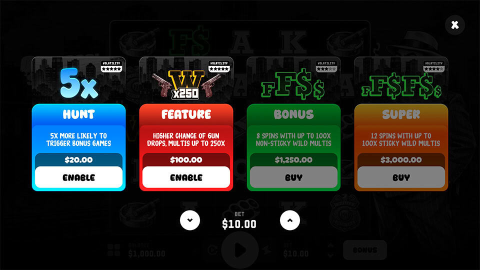 Bonus buy interface offering multiple modes like Hunt, Feature, Bonus, and Super, each with varied volatility and wild multiplier setups.