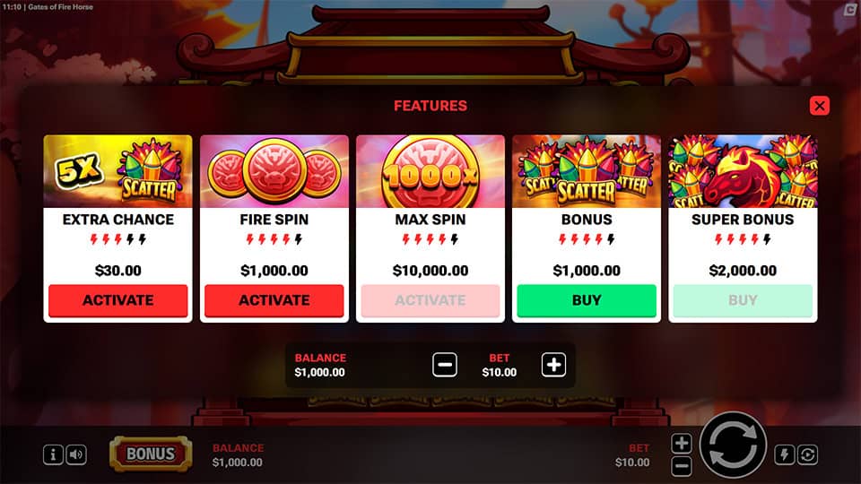 Feature buy menu offering Extra Chance, Fire Spin, Bonus, and Super Bonus activations.