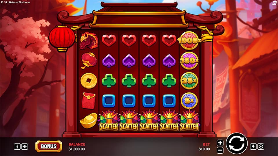 Main game screen with Asian-themed symbols and colorful multipliers on a red temple-style reel frame.