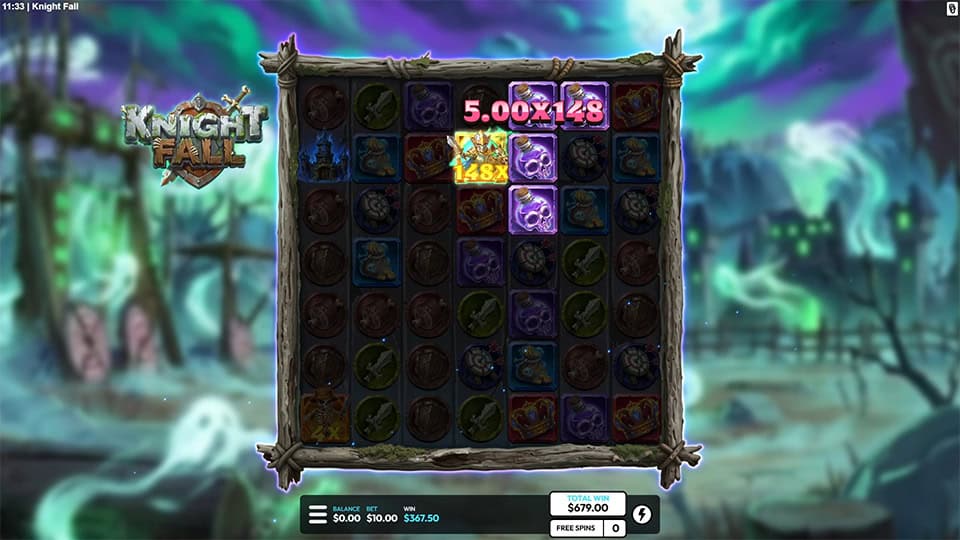 Bonus moment showing wild multiplier of 148x striking with lightning effect on glowing skull symbols.