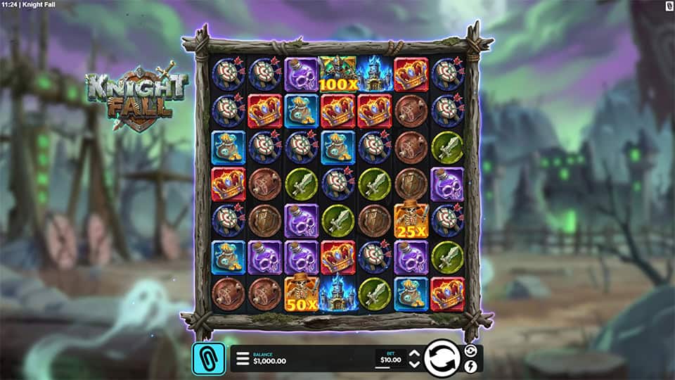 Main screen showing a fantasy-themed grid with multipliers like 100x, 50x, and various medieval icons.