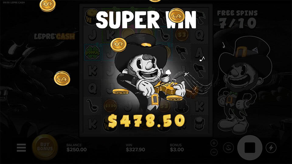 “SUPER WIN” banner glowing above the reels as gold coins burst around the smiling leprechaun during free spins.