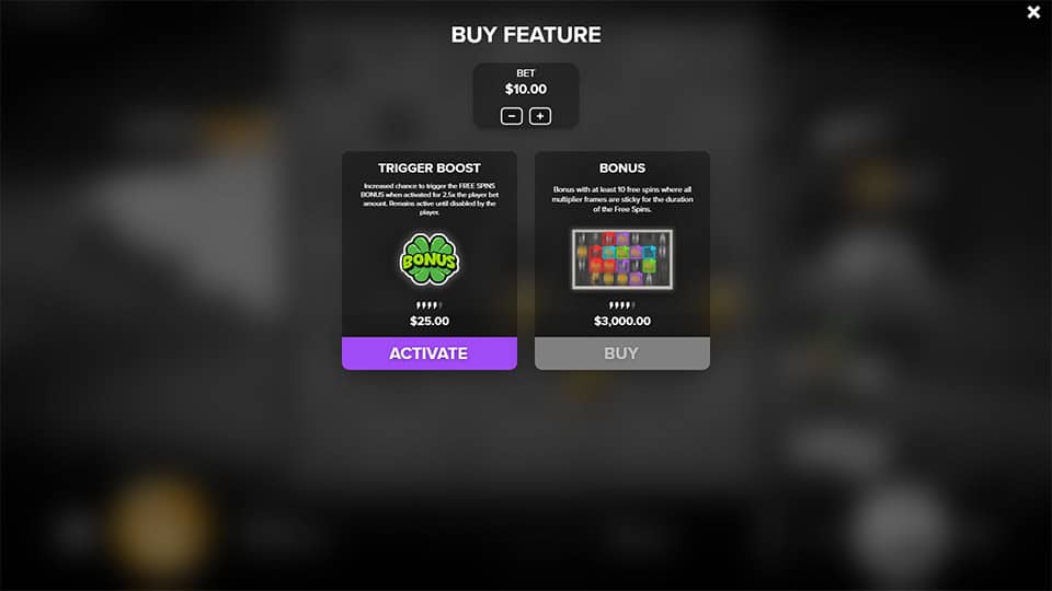 Buy Feature menu displaying Trigger Boost and Bonus options with activation and buy buttons on a dark overlay screen.