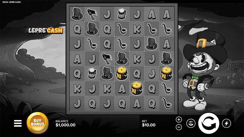 Main game grid with grayscale symbols, golden cake icons, card letters and a cartoon leprechaun standing beside the reels.