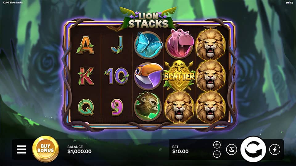 Base game screen featuring five reels with jungle animals like lions, toucans, hippos, and butterflies.