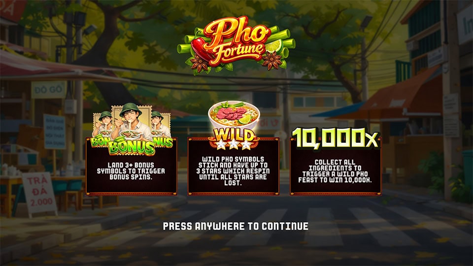 Game introduction showing Wild Pho mechanics, bonus symbols, and the max multiplier of 10,000x.