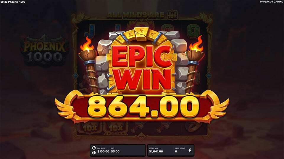 Big red and gold “EPIC WIN” display with torches.