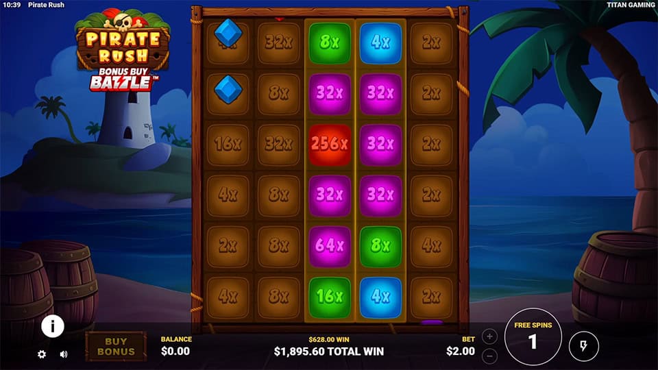Grid showing colored tiles with multipliers up to 256x and locked slots.
