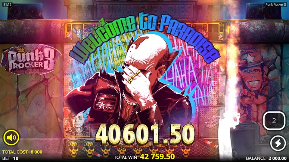 “WELCOME TO PARADISE” win screen with a rebellious punk rocker celebrating amid flames, graffiti, and explosive visual effects.
