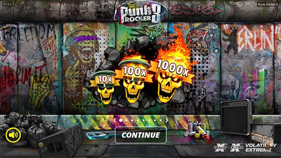 Feature introduction highlighting multiplier skulls, wild mechanics, and the high-volatility punk-themed gameplay environment.