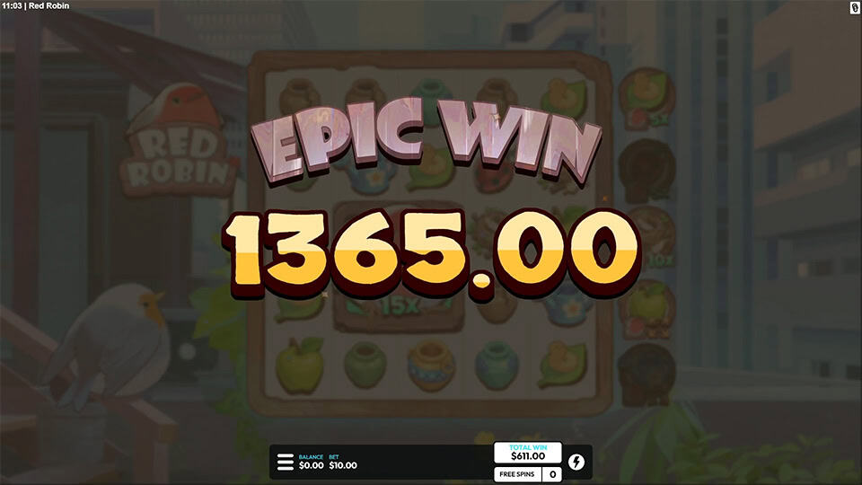 Dimmed background with large “EPIC WIN” text across the center and the win amount in bold gold font underneath.